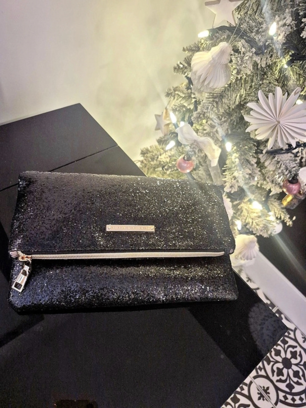 Poppy And Peonies Black Glitter Clutch Like New